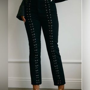 Black denim jeans with lace detailing in front